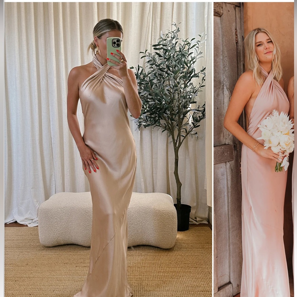 Show me Your MuMu Jasmine halter dress in Champagne satin
